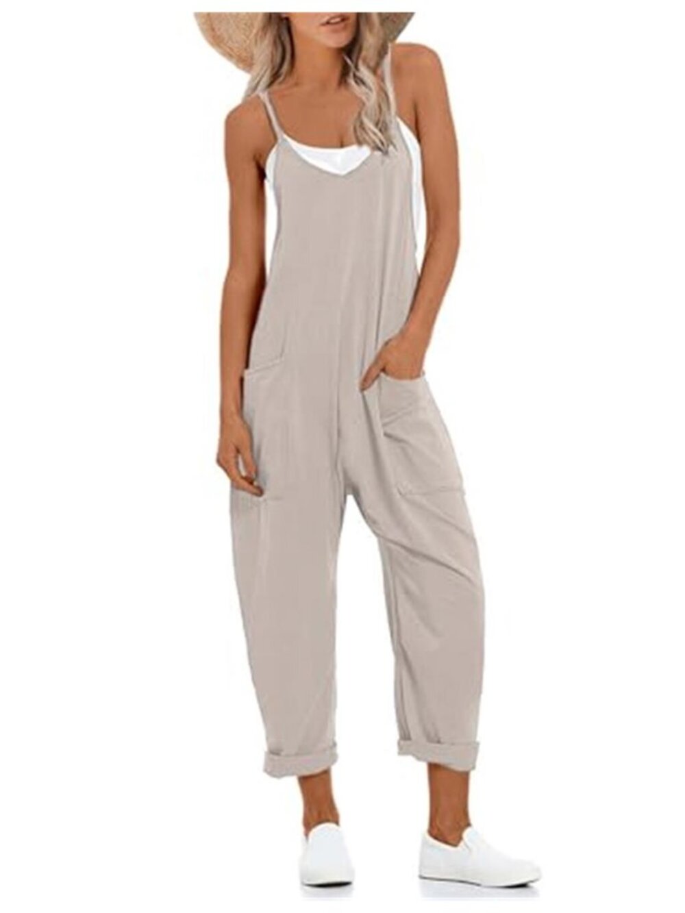 Womens Cotton Jumpsuit Wide Leg Overalls Baggy Sleeveless Romper Pockets